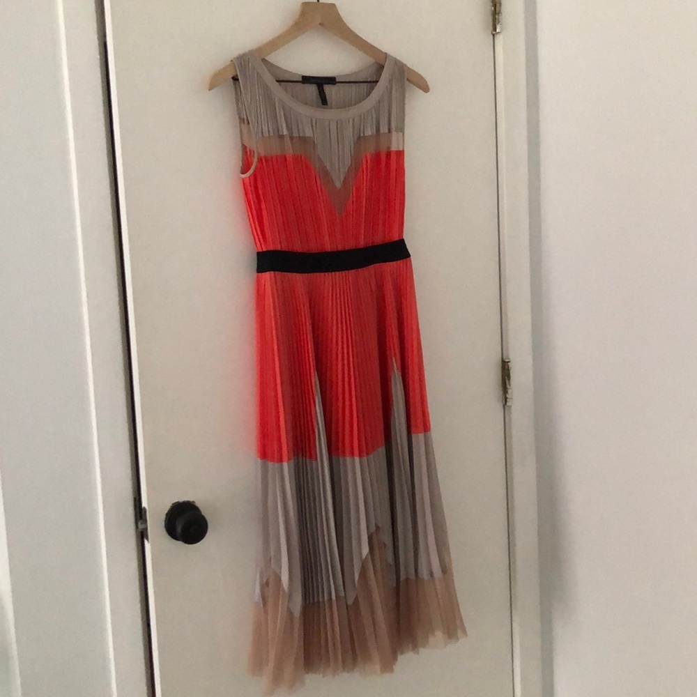 BCBGMaxAzria Coral, Taupe & Black Pleated Midi Dress